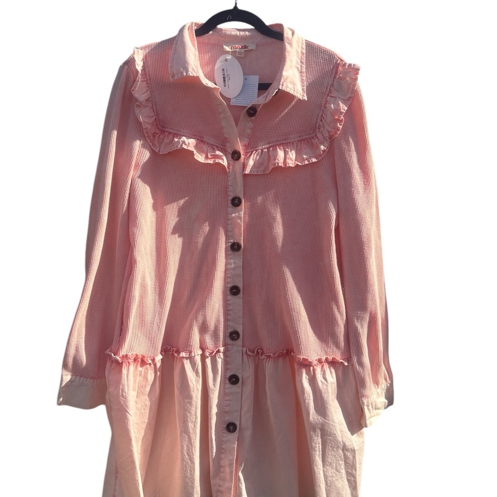 NWT Pleated Pink Waffle Print Casual Jacket Dress Spring Summer Size Large